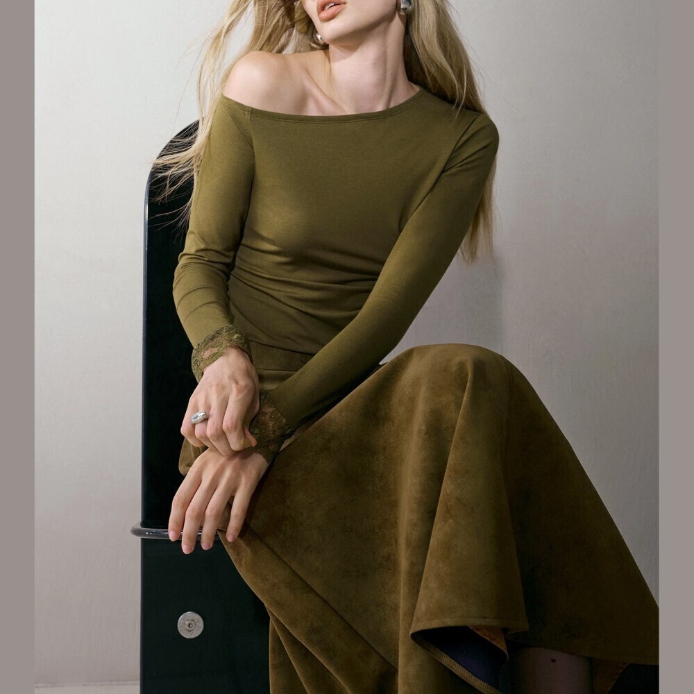 Olive Green Asymmetrical Neck Top with Lace Trim Cuffs - Picture 2 of 6